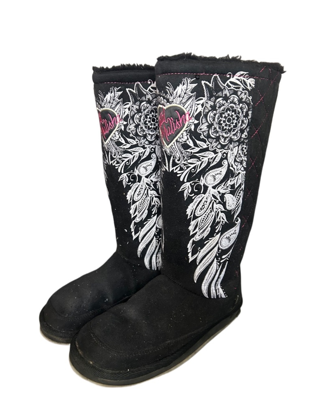 Y2k grunge goth rare 2000s Metal Mulisha Edgy Black Boots with Pink Heart Logo